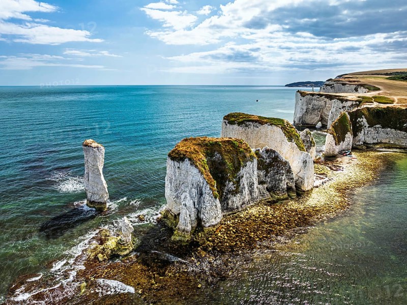 White Cliffs of Old Harry Rocks Jurassic Coast from a drone, Handfast Point, Dorset Coast, Poole, Dorset, England, United Kingdom