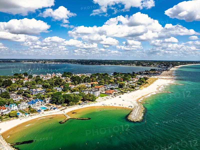 Sandbanks Beach from drone, Poole, Dorset, England, United Kingdom
