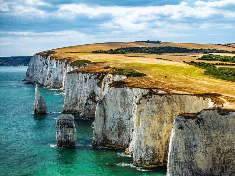 White Cliffs of Old Harry Rocks Jurassic Coast from a drone, Handfast Point, Dorset Coast, Poole, Dorset, England, United Kingdom