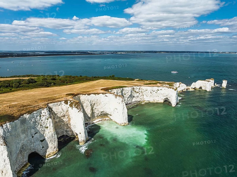 White Cliffs of Old Harry Rocks Jurassic Coast from a drone, Handfast Point, Dorset Coast, Poole, Dorset, England, United Kingdom
