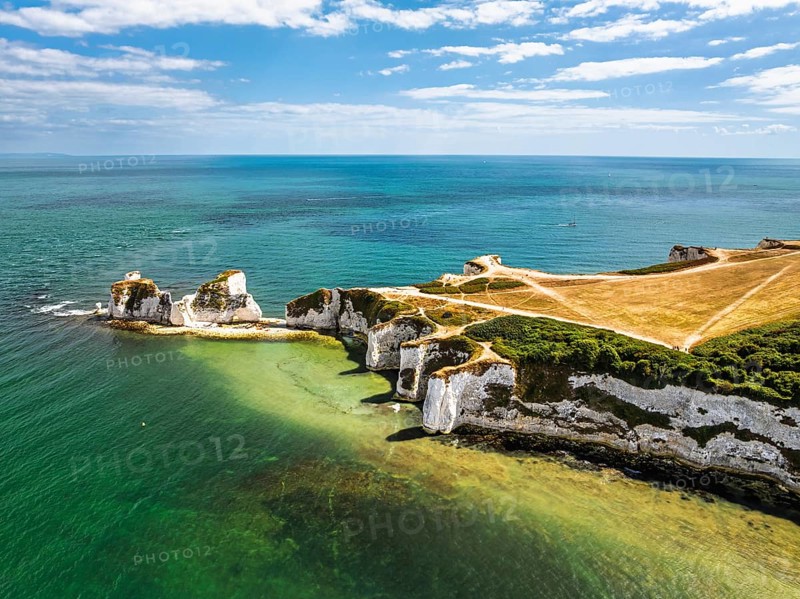 White Cliffs of Old Harry Rocks Jurassic Coast from a drone, Handfast Point, Dorset Coast, Poole, Dorset, England, United Kingdom