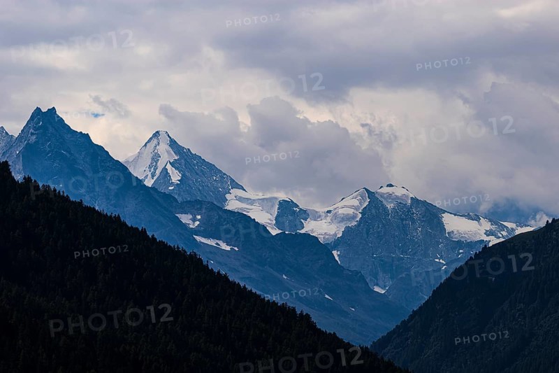 The Besso mountains with twin peaks and the Obergabelhorn, view from Ayer, Val d'Anniviers, Valais Alps, Canton Valais, Switzerland