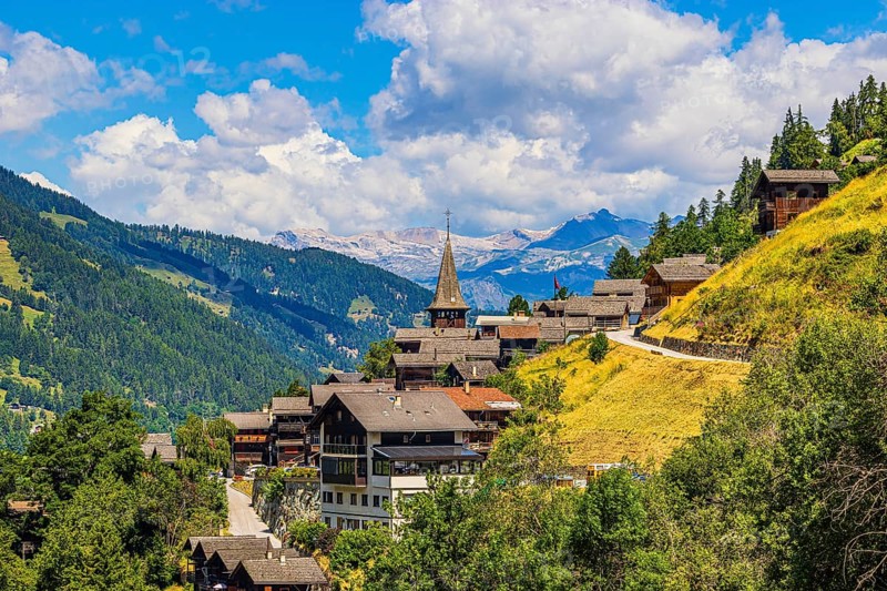 The mountain village of Ayer, Saint Anna church, Val d'Anniviers, Valais Alps, Canton Valais, Switzerland