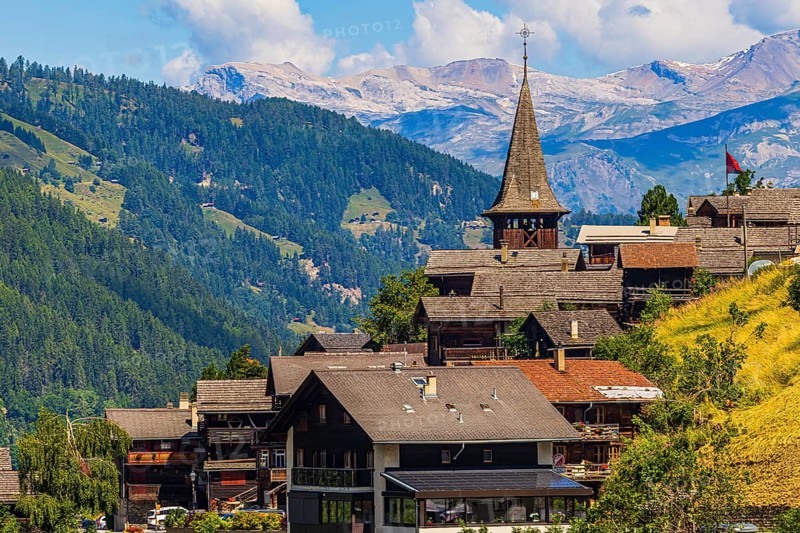 The mountain village of Ayer, Saint Anna church, Val d'Anniviers, Valais Alps, Canton Valais, Switzerland