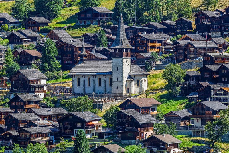 The mountain village of Ayer, Saint Anna church, Val d'Anniviers, Valais Alps, Canton Valais, Switzerland