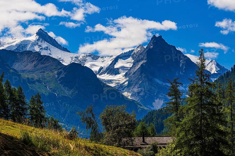 The Zinalrothorn and Besso mountains with their twin peaks, view from Ayer, Val d'Anniviers, Valais Alps, Canton Valais, Switzerland