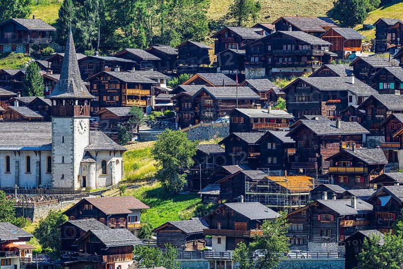 The mountain village of Ayer, Saint Anna church, Val d'Anniviers, Valais Alps, Canton Valais, Switzerland