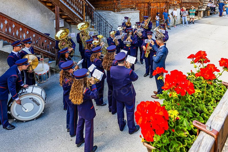 The brass band Echo des Alpes plays at the musicians' meeting in Mission, Val d'Anniviers, Valais Alps, Canton Valais, Switzerland