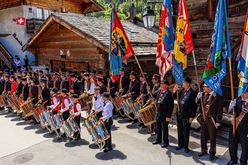 Drummers' and pipers' meeting, Mission, Val d'Anniviers, Valais Alps, Canton Valais, Switzerland