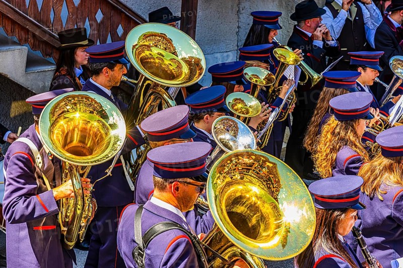 The brass band Echo des Alpes plays at the musicians' meeting in Mission, Val d'Anniviers, Valais Alps, Canton Valais, Switzerland
