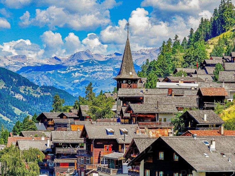 The mountain village of Ayer with the church of Saint Anna, drone image, Val d'Anniviers, Valais Alps, Canton Valais, Switzerland
