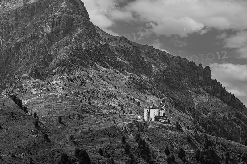 The historic Hotel Weisshorn, black and white photograph, below the Weisshorn mountain, Val d'Anniviers, Valais Alps, Canton Valais, Switzerland