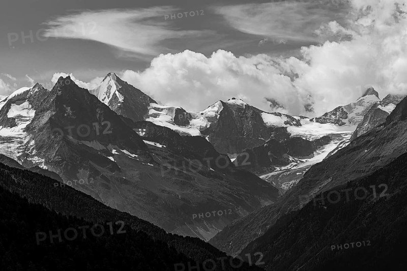 The Besso mountains with twin peaks and the Obergabelhorn, black and white photograph, view from Ayer, Val d'Anniviers, Valais Alps, Canton Valais, SwitzerlandVal d'Anniviers, Valais Alps, Canton Valais, Switzerland