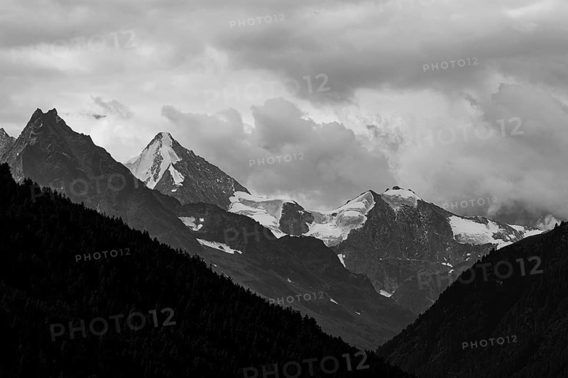 The Besso mountains with twin peaks and the Obergabelhorn, black and white photograph, view from Ayer, Val d'Anniviers, Valais Alps, Canton Valais, SwitzerlandVal d'Anniviers, Valais Alps, Canton Valais, Switzerland