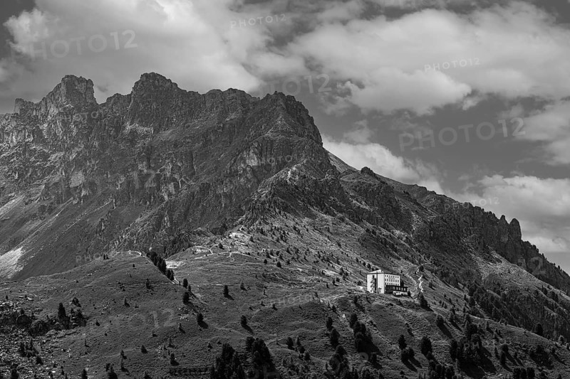 The historic Hotel Weisshorn, black and white photograph, below the Weisshorn mountain, Val d'Anniviers, Valais Alps, Canton Valais, Switzerland