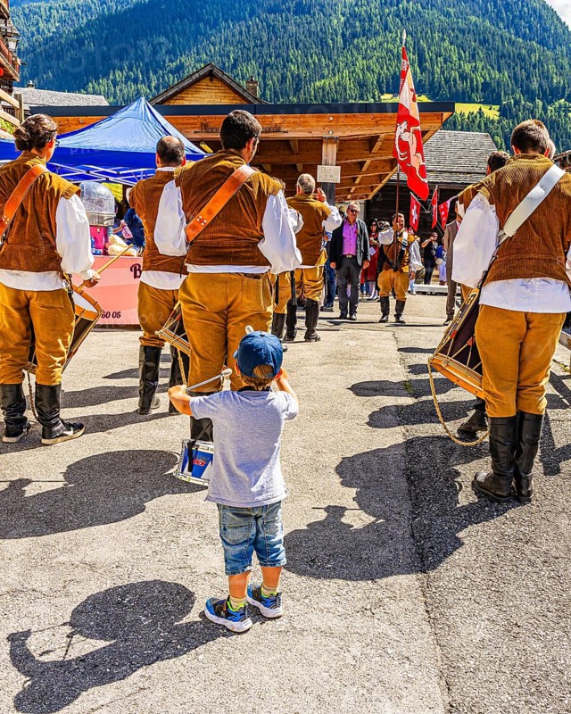 Drummers' and pipers' meeting in Mission, here a boy as a young drummer, Val d'Anniviers, Valais Alps, Canton Valais, Switzerland