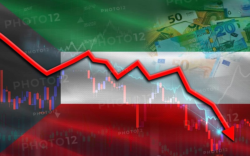 Kuwait financial fall on economy market. Kuwait financial crisis on economic graph