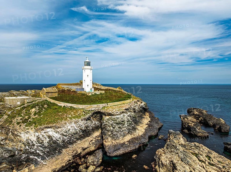 Godrevy Lighthouse from a drone, Godrevy Island, St Ives Bay, Cornwall, England, United Kingdom