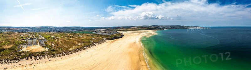 Panorama of Hayle Beach and Hayle Estuary from drone, St Ives Bay, Cornwall, England, United Kingdom