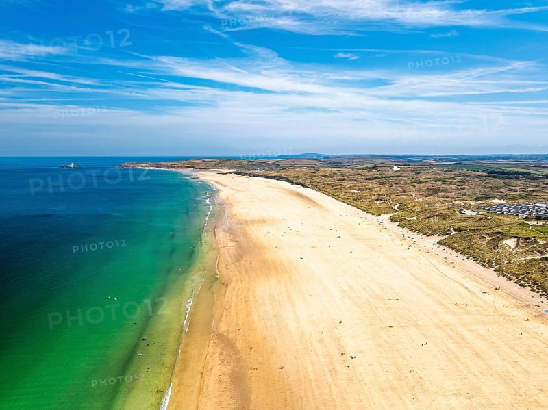 Hayle Beach and Hayle Estuary from drone, St Ives Bay, Cornwall, England, United Kingdom