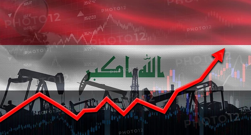Oil pumps with Iraq flag. Oil production with Iraq flag, petrol industry
