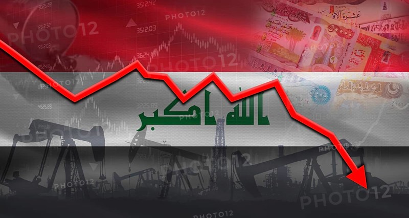 Fall oil price with flag of Iraq on economic chart, Petrol crisis with Iraq flag on financial graph
