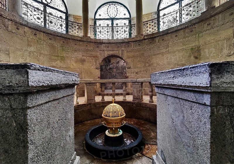 Sacred atmosphere, spa fountain in the fountain temple of the drinking spa complex, healing spring emerging from the golden ball, Bad Nauheim, Hesse, Germany