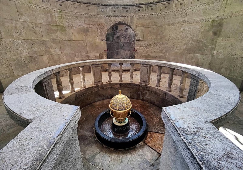 Sacred atmosphere, spa fountain in the fountain temple of the drinking spa complex, healing spring emerging from the golden ball, Bad Nauheim, Hesse, Germany