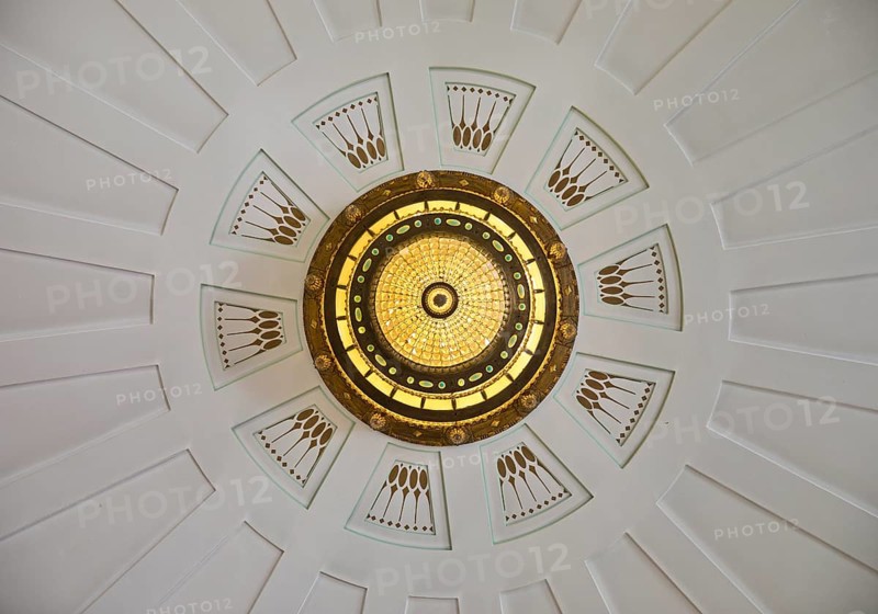 Waiting room in bathhouse 3 with a view of the ceiling to the chandelier, Art Nouveau, Art Nouveau Forum, Sprudelhof, Bad Nauheim, Hesse, Germany