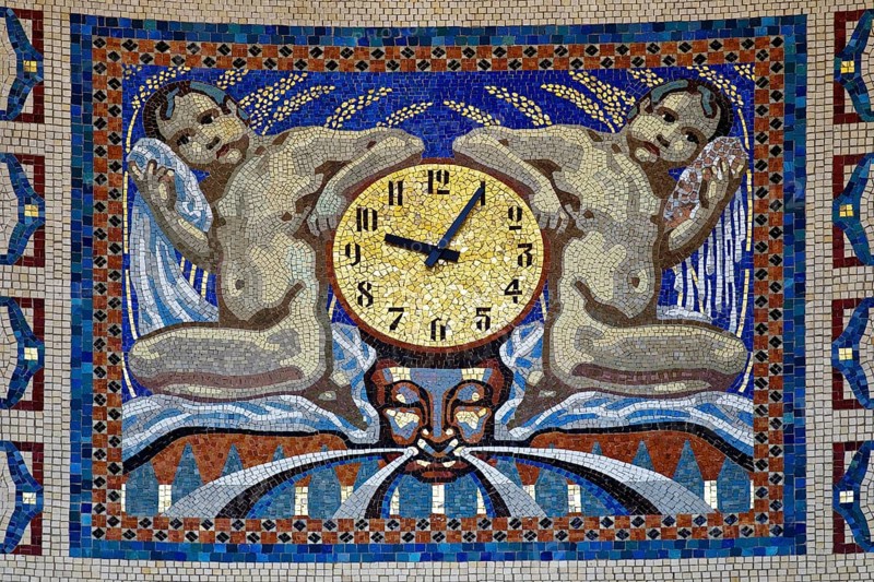 Waiting room in bathhouse 3 with mosaics from the Royal Bavarian Court Mosaic and Art Institute, Art Nouveau, Art Nouveau Forum, Sprudelhof, Bad Nauheim, Hesse, Germany