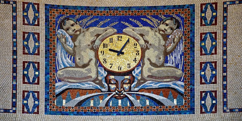 Waiting room in bathhouse 3 with mosaics from the Royal Bavarian Court Mosaic and Art Institute, Art Nouveau, Art Nouveau Forum, Sprudelhof, Bad Nauheim, Hesse, Germany