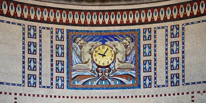 Waiting room in bathhouse 3 with mosaics from the Royal Bavarian Court Mosaic and Art Institute, Art Nouveau, Art Nouveau Forum, Sprudelhof, Bad Nauheim, Hesse, Germany