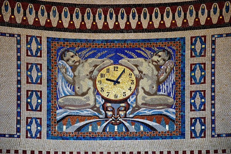 Waiting room in bathhouse 3 with mosaics from the Royal Bavarian Court Mosaic and Art Institute, Art Nouveau, Art Nouveau Forum, Sprudelhof, Bad Nauheim, Hesse, Germany