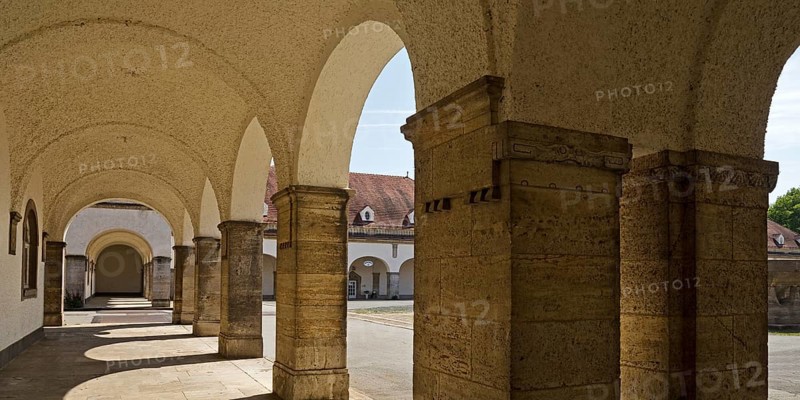 Arcade in the Sprudelhof, a spa complex built between 1905 and 1911 in Art Nouveau style, Bad Nauheim, Hesse, Germany