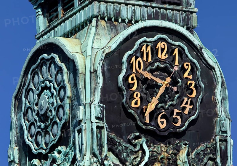 Detail of the clock tower, Sprudelhof, an important spa complex built between 1905 and 1911 in Art Nouveau style, Bad Nauheim, Hesse, Germany