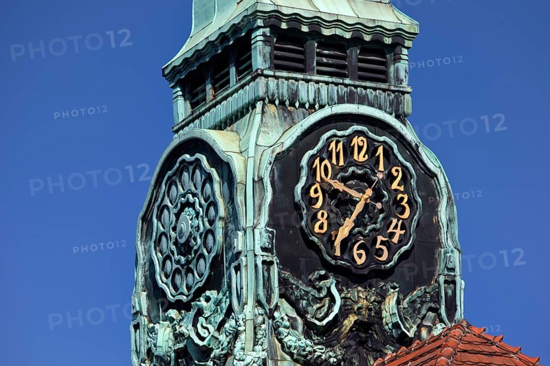 Detail of the clock tower, Sprudelhof, an important spa complex built between 1905 and 1911 in Art Nouveau style, Bad Nauheim, Hesse, Germany