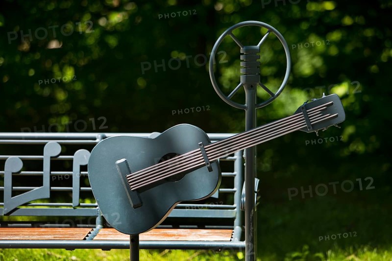 Elvis bench with guitar and microphone, Elvis Presley lived in Bad Nauheim, Hesse, Germany during his military service from 1958 to 1960