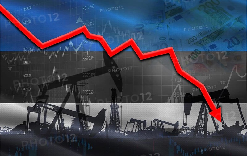 Petrol crisis with Estonia flag on financial graph. Fall oil price with flag of Estonia on economic chart