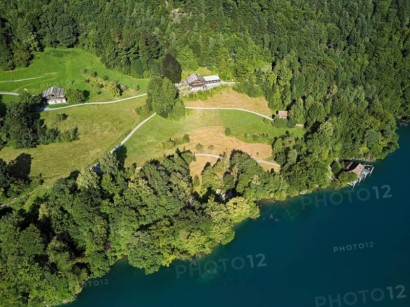 Rütli meadow, Grütli Museum and the Rütli House, Restaurant from above, Lake Lucerne, Rütli, Canton, Uri, Switzerland