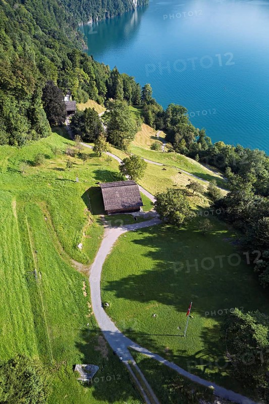 Rütli meadow, Grütli Museum and the Rütli House, Restaurant from above, Lake Lucerne, Rütli, Canton, Uri, Switzerland