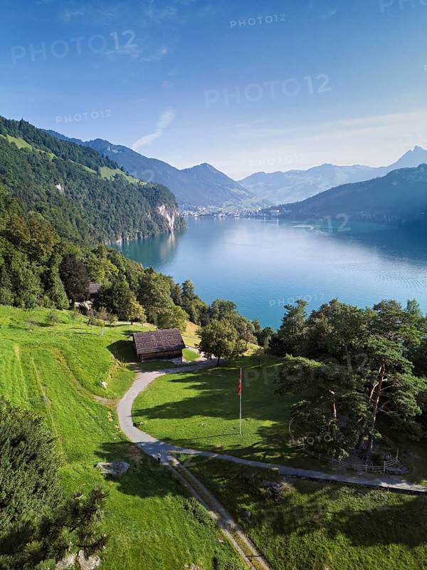 Rütli meadow, Grütli Museum and the Rütli House, fountains and the myths behind, Lake Lucerne, Rütli, Canton, Uri, Switzerland