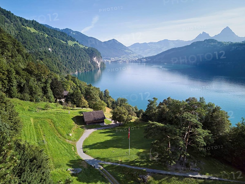 Rütli meadow, Grütli Museum and the Rütli House, fountains and the myths behind, Lake Lucerne, Rütli, Canton, Uri, Switzerland