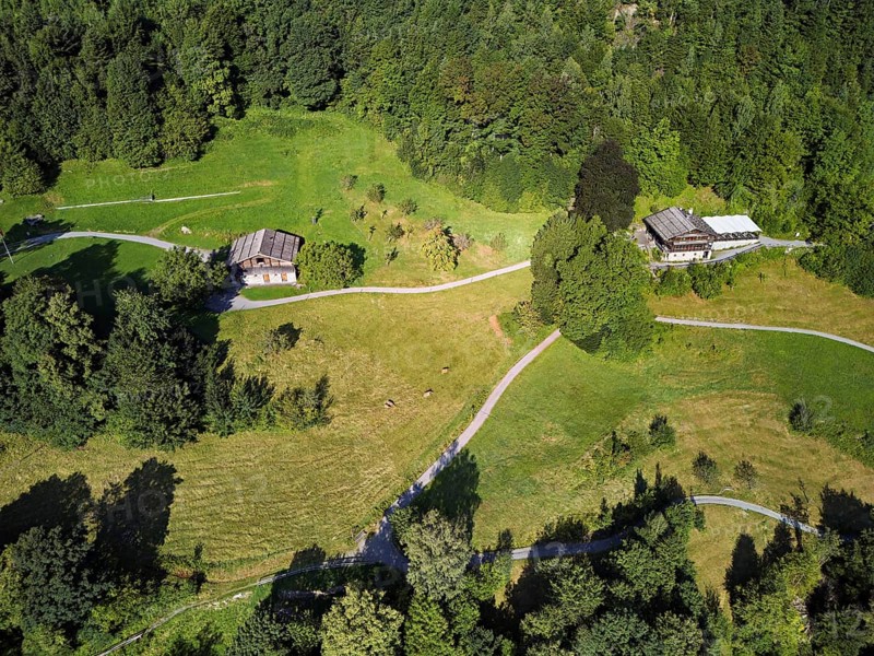 Rütli meadow, Grütli Museum and the Rütli House, Restaurant from above, Lake Lucerne, Rütli, Canton, Uri, Switzerland