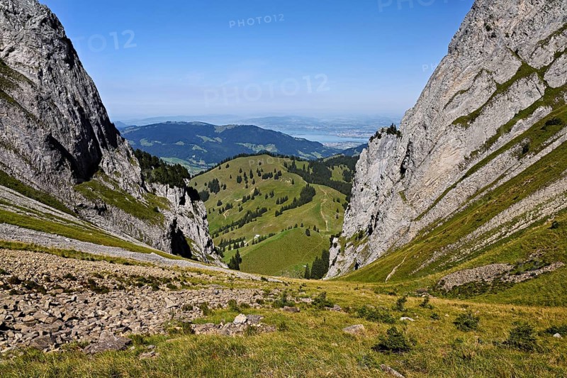 View from Bockmattli to the Mittelland, Lake Zurich in the background, Innerthal, Canton, Schwyz, Switzerland