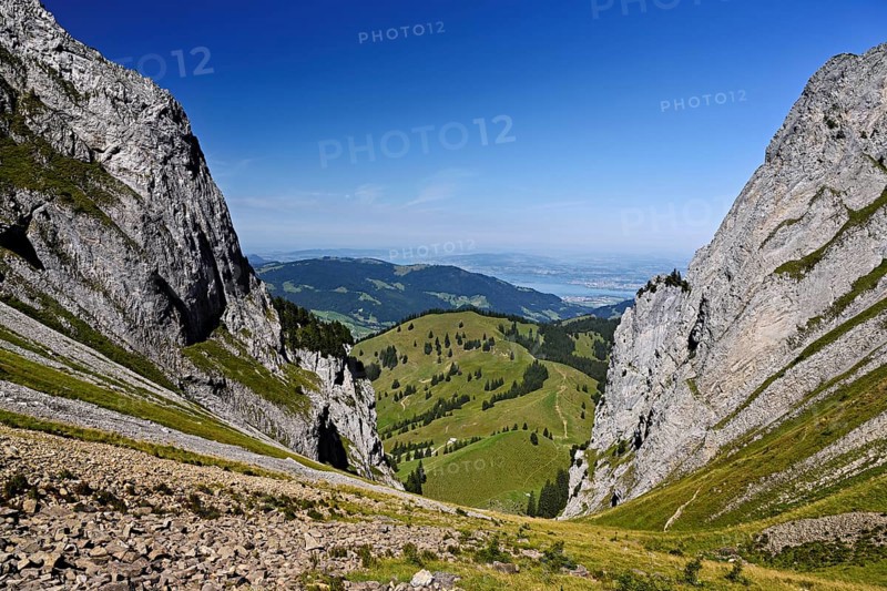 View from Bockmattli to the Mittelland, Lake Zurich in the background, Innerthal, Canton, Schwyz, Switzerland