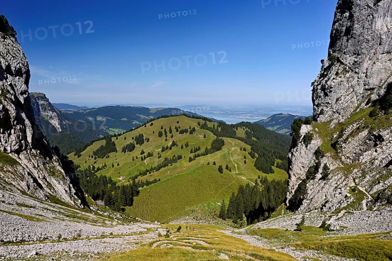 View from Bockmattli to the Mittelland, Lake Zurich in the background, Innerthal, Canton, Schwyz, Switzerland