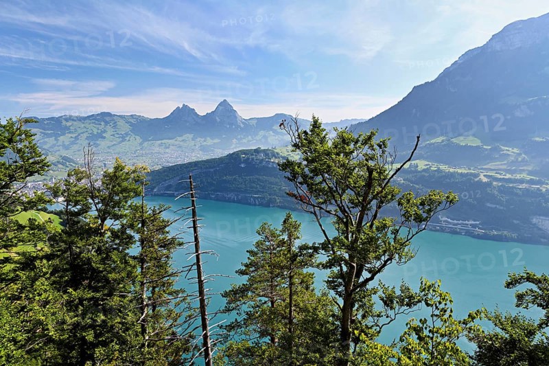 View from Seelisberg to Lake Lucerne, behind Brunnen and the small and large Mythen, Seelisberg, Canton, Uri, Switzerland