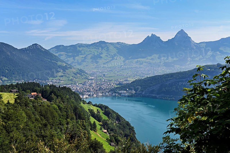 View from Seelisberg to Lake Lucerne, behind Brunnen and the small and large Mythen, Seelisberg, Canton, Uri, Switzerland