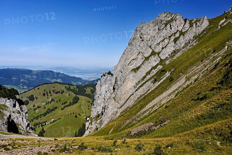 View from Bockmattli to the Mittelland, Lake Zurich in the background, Innerthal, Canton, Schwyz, Switzerland