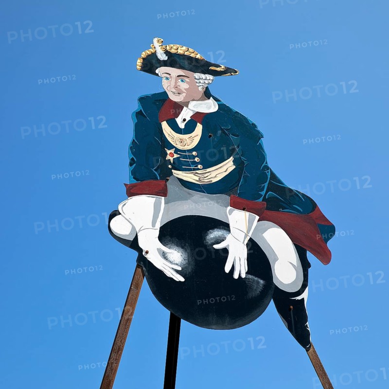 The ride on Münchhausen's cannonball, depicted in the Münchhausen town of Bodenwerder, Weserbergland, Lower Saxony, Germany